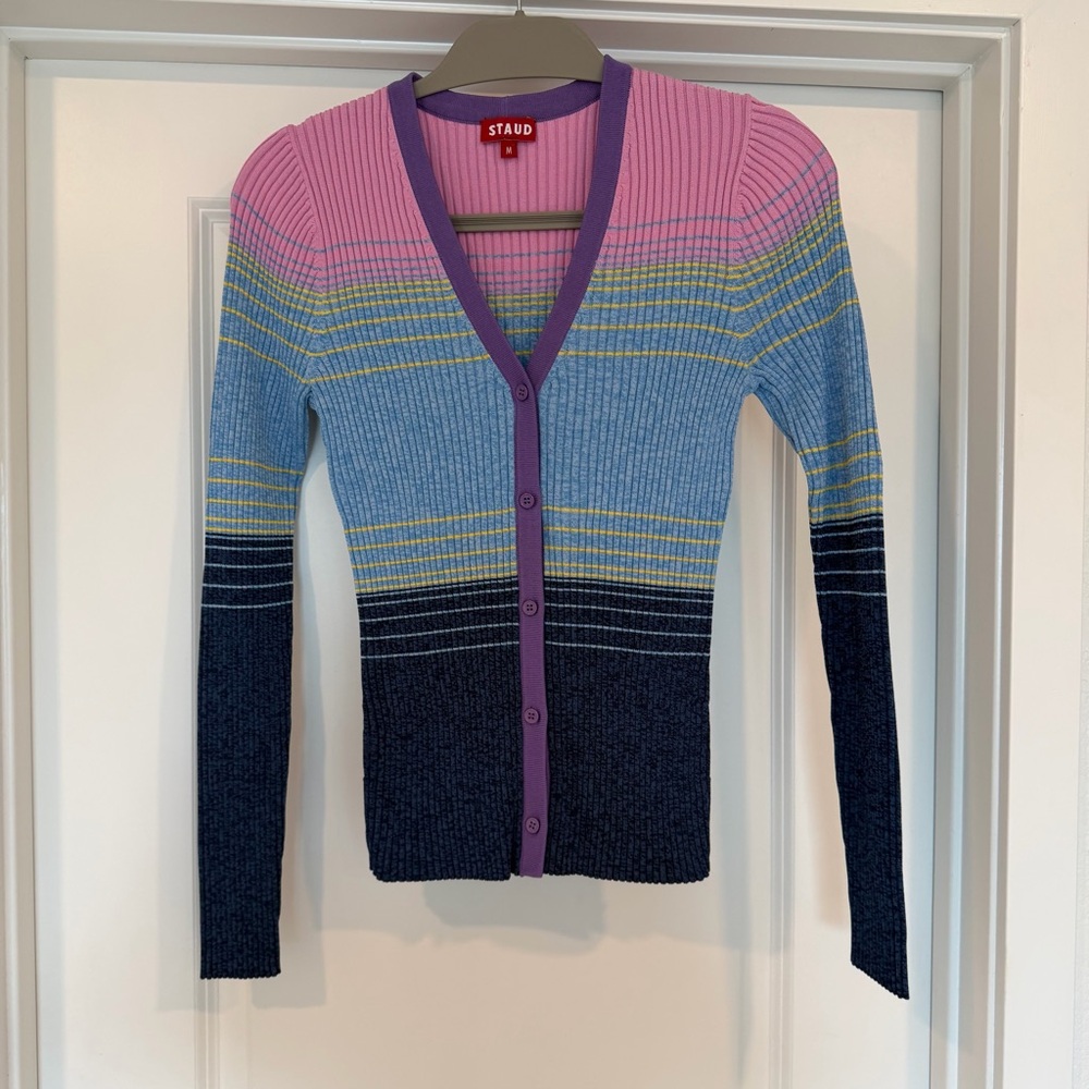 STAUD Colorblock Ribbed V-Neck Cardigan Sweater - Pink & Blue